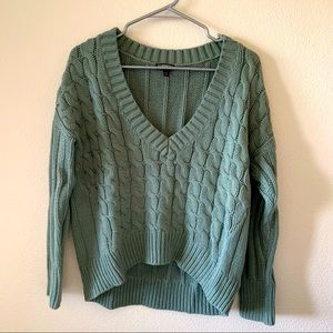 Express, relaxed fit, V-neck textured knit sweater, teal, XS